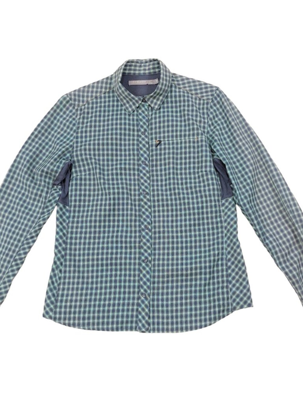 Icebreaker Merino Wool Shirt Womens Medium, Vented Green Plaid Snap-Up, Flaws